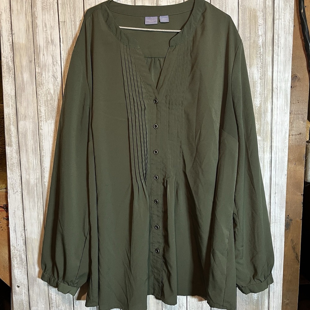 Laura Scott Plus Size 22/24 Olive Green‎ Long Sleeve Tunic Top Buttons Pleated